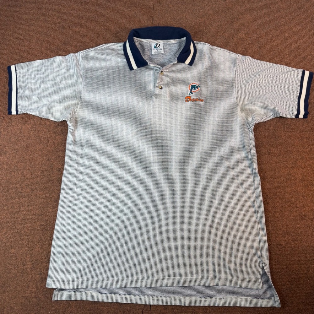 Dynasty Miami Dolphins NFL Polo Shirt Mens XL Blue White Check Vintage Gameday